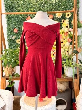 Altar'd State Red Off-Shoulder Long Sleeve Fit & Flare Dress